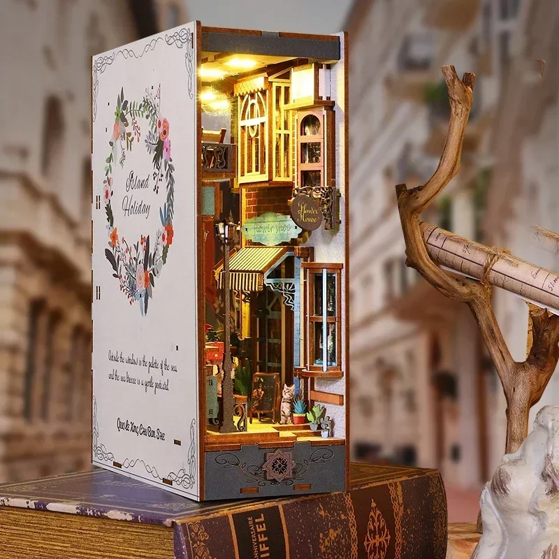 

Creative DIY Wooden Book Nook Shelf Insert Miniature Kit, Retro Bookends Doll House Ornaments Bookshelf Handmade Gift Home Decor