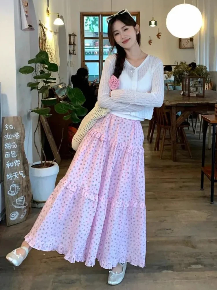 กระโปรงยาวลายดอกไม้สำหรับผู้หญิง สไตล์วินเทจ ผ้าพลิ้ว ยืดได้ เอวสูง แฟชั่นลำลอง สำหรับฤดูใบไม้ผลิและฤดูร้อน