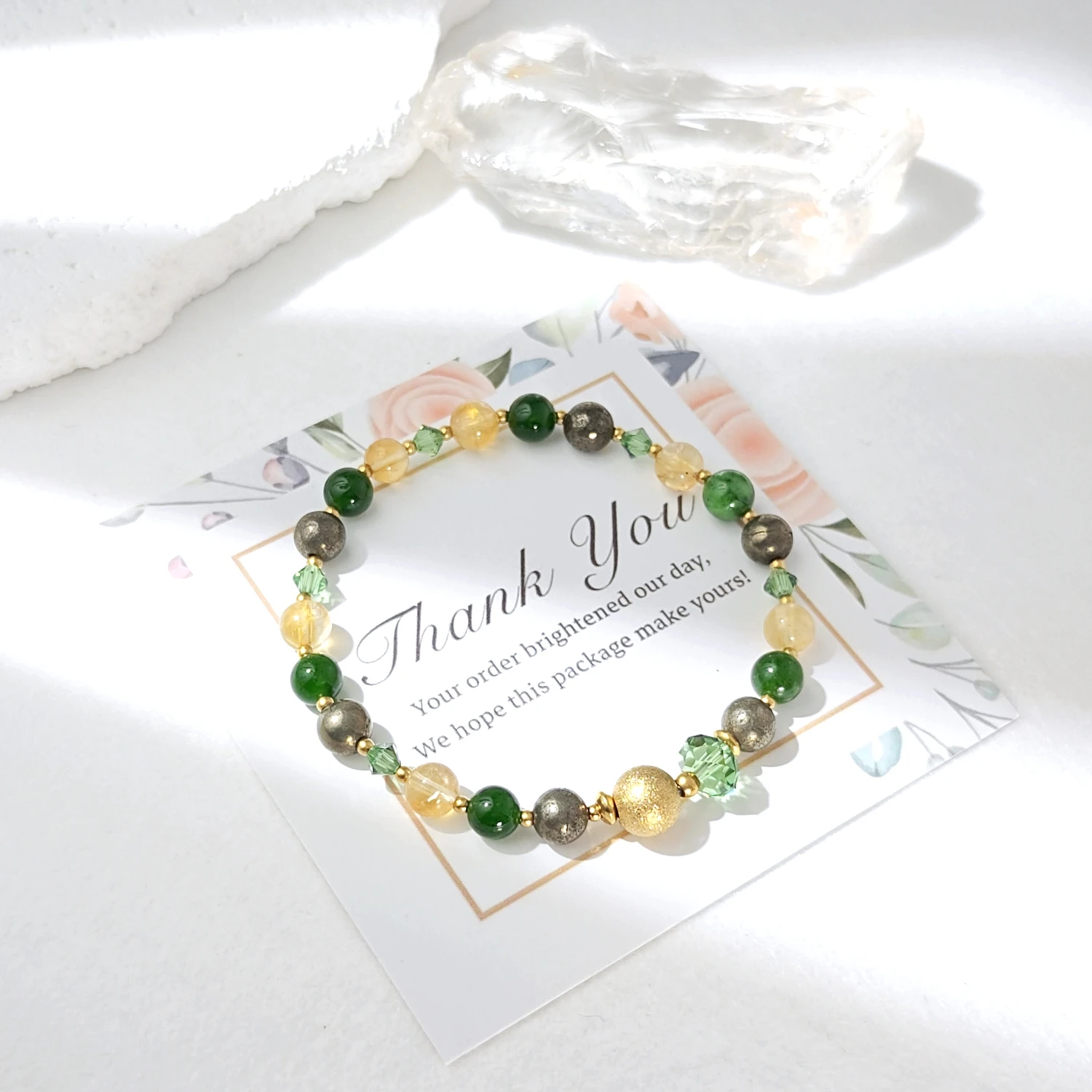 Lii Ji Natural Stone Citrine Green Jade Pyrite 6/8mm With Crystal Stainless Steel Elastic Bracelet