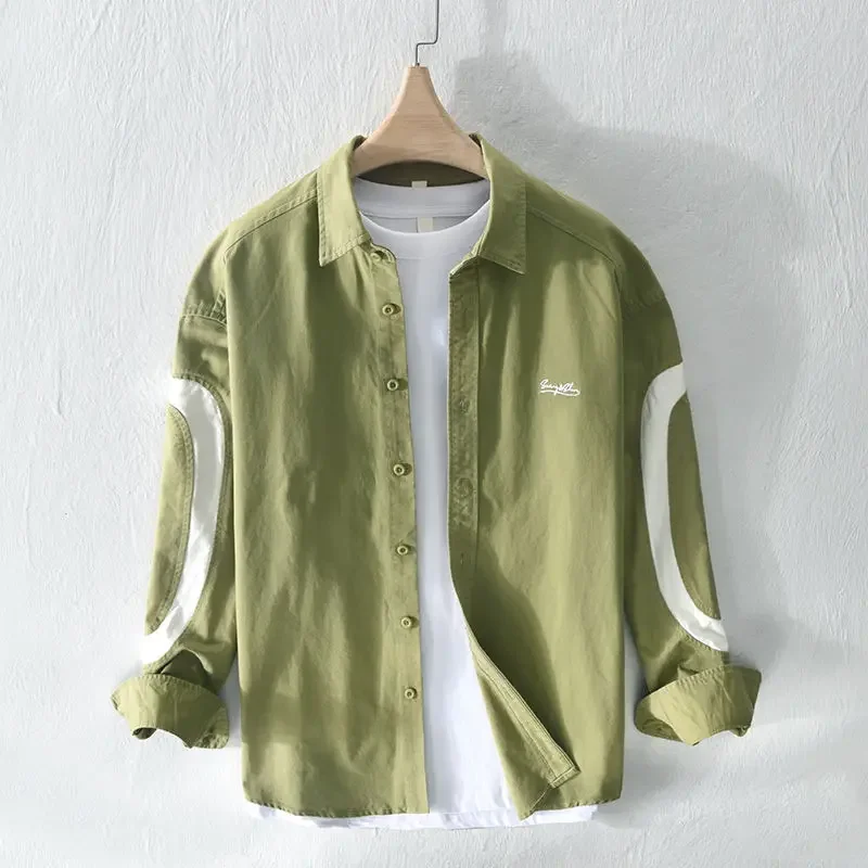 LIBIELIY Fashion Lapel Spliced Casual Letter Embroidery Shirts Men's Clothing 2025 Spring New Loose Korean Tops Punk Shirts
