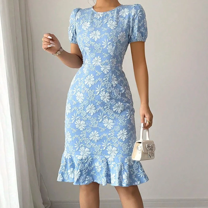 Vestido elegante de manga corta con dobladillo con volantes para mujer, nuevo Vestido ajustado hasta la rodilla que cubre la cadera, Vestido informal liso que combina con todo con cuello redondo