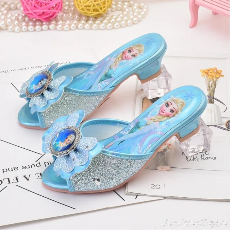 

Girls Summer Sandals Slipper Sequined Princesse Children High Heel Party Dress Elsa Shoes Leather Slipper Kids Slides