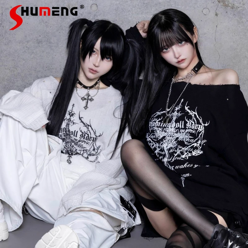 

Japanese Subculture Dark Punk Cross Ripped T-shirt Girls Sweet Cool Print Loose Y2k Long-sleeved Top Spring and Autumn Mine Tops