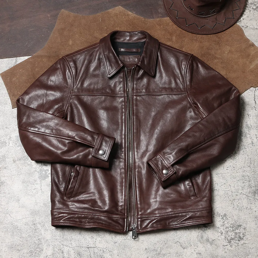 Men Lapel Slim Genuine Leather Coat, Washed Retro Polo Jacket Waxed Uncoated Raw Goatskin Casual Outerwear