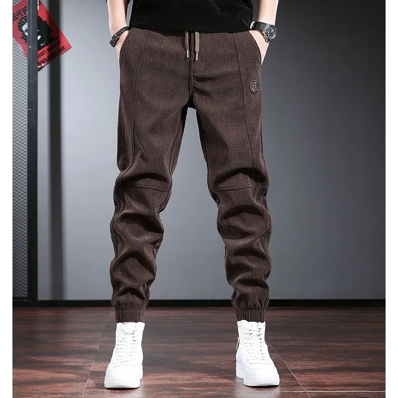 

Мужские утолщенные вельветовые повседневные брюки на флисовой подкладке, осенне-зимние спортивные штаны из синели с завязками для бега