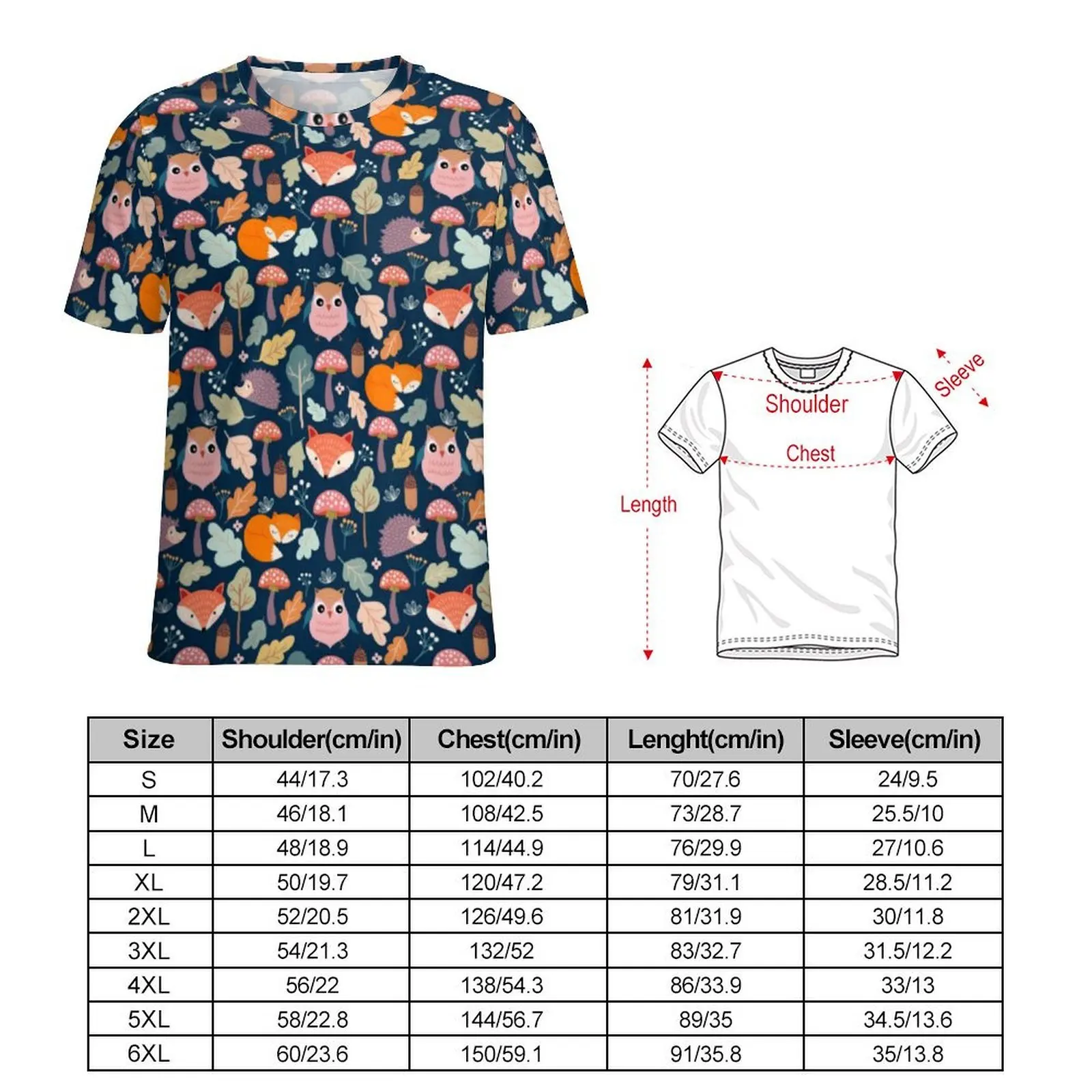 Plus Size T-Shirt Original Cute Fox Print T Shirts Wild Animal Mush Floral Awesome Crewneck Tshirt Man Trendy Design Clothes