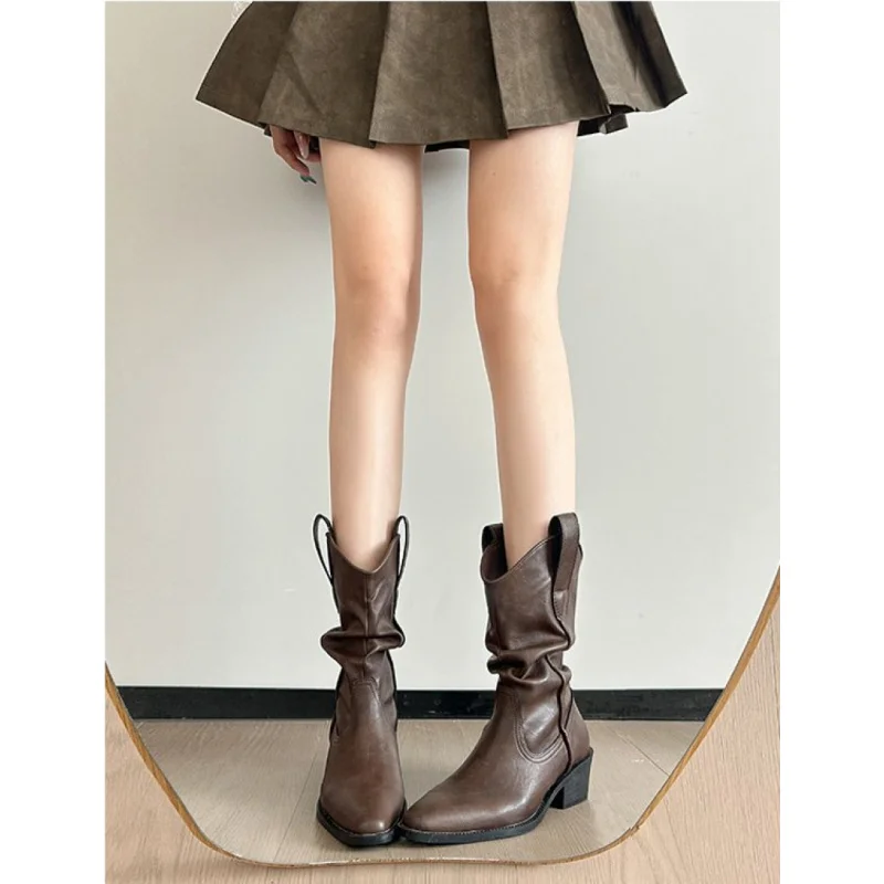 

2026 New Women's Vintage Chunky Heel Ankle Boots, Folded Mid Calf Stack Boots, Pointed Toe Chelsea Boots for Skirts, Slip On