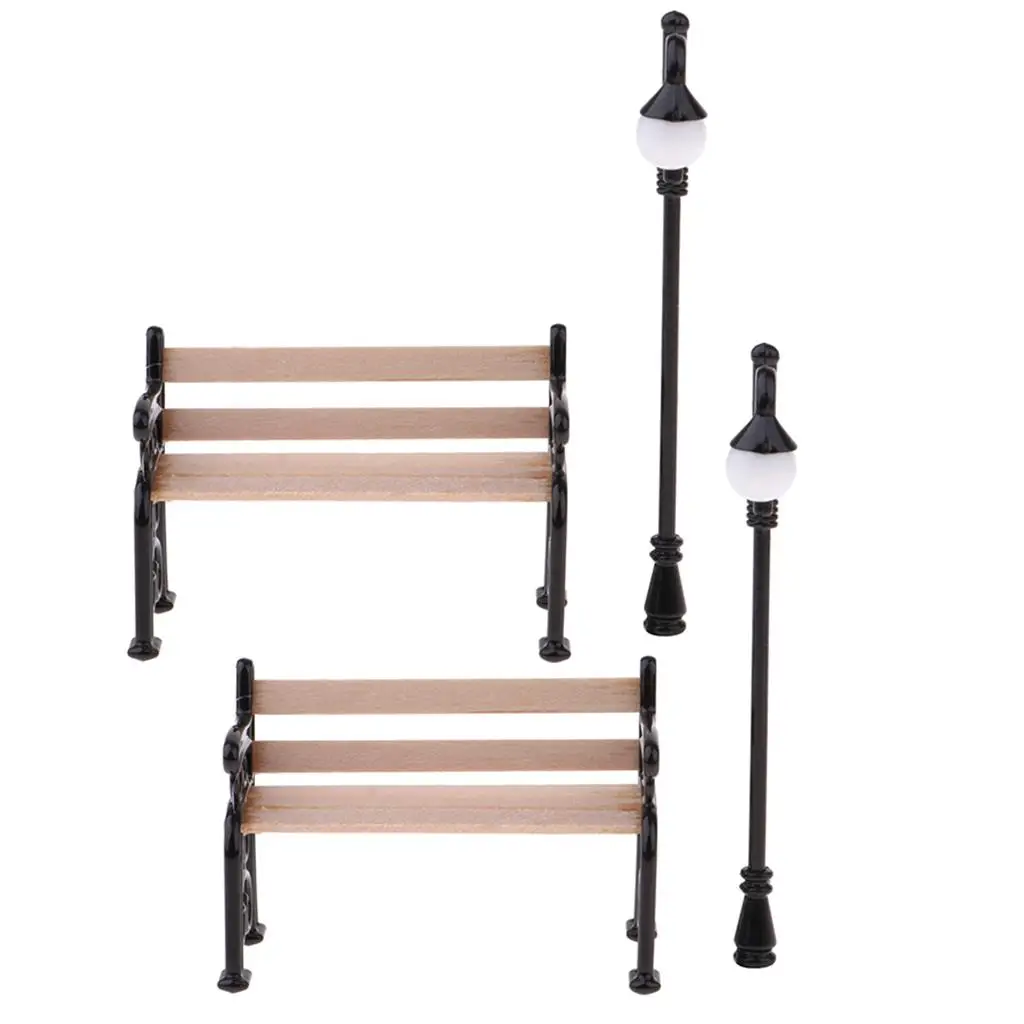 Dollhouse Decoration Outdoor Bench and Street Lamp Kit Wooden and Metal Miniature Furniture for 1 12 Scale Houses