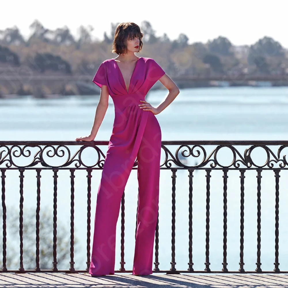 

Unique Latest Pants Suit Mother Dresses Fuchsia Mother of the Bride Gowns V Neckline Short Sleeves Wedding Guest Dress On Sale