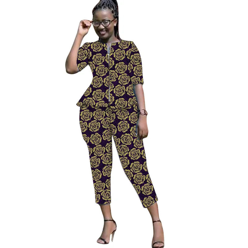 Women Zipper Shirt Patch Cropped Trouser Nigerian Fashion Half Sleeve Tops With Pants Ankara Outfits African Wedding Wear