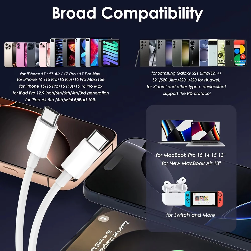 5PCS USB-C 100W Fast Charging Cable For iPhone 15 16 17 Pro Max Samsung S26 Google Moto Xiaomi POCO Honor Dual Type C Data Cable