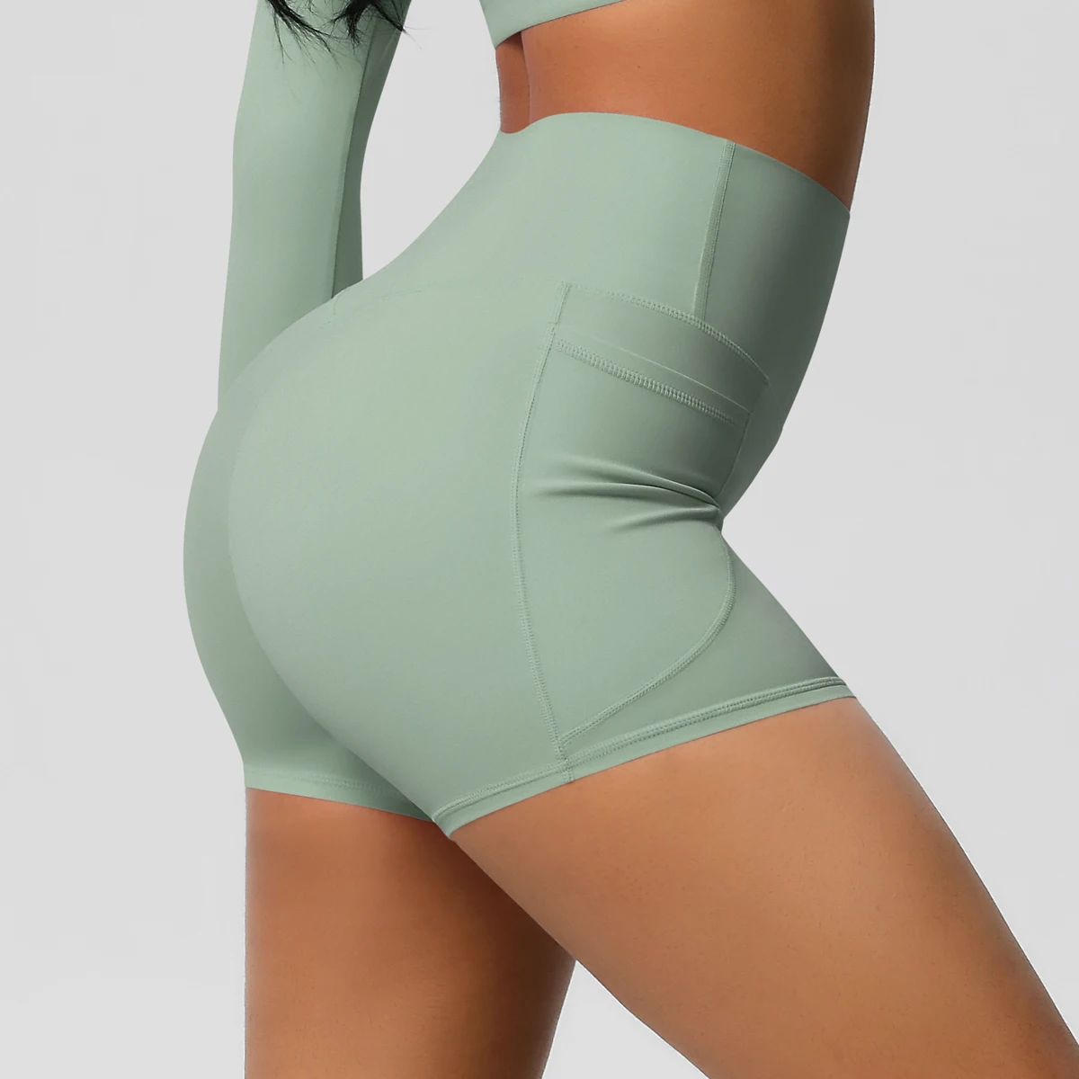 Einfarbige Yogahose mit Taschen, schnell trocknend, hohe Taille, für Fitnessstudio, Push-Up-Yoga-Shorts für Damen, atmungsaktiv, Workout, Fitness, kurz – Detail 21