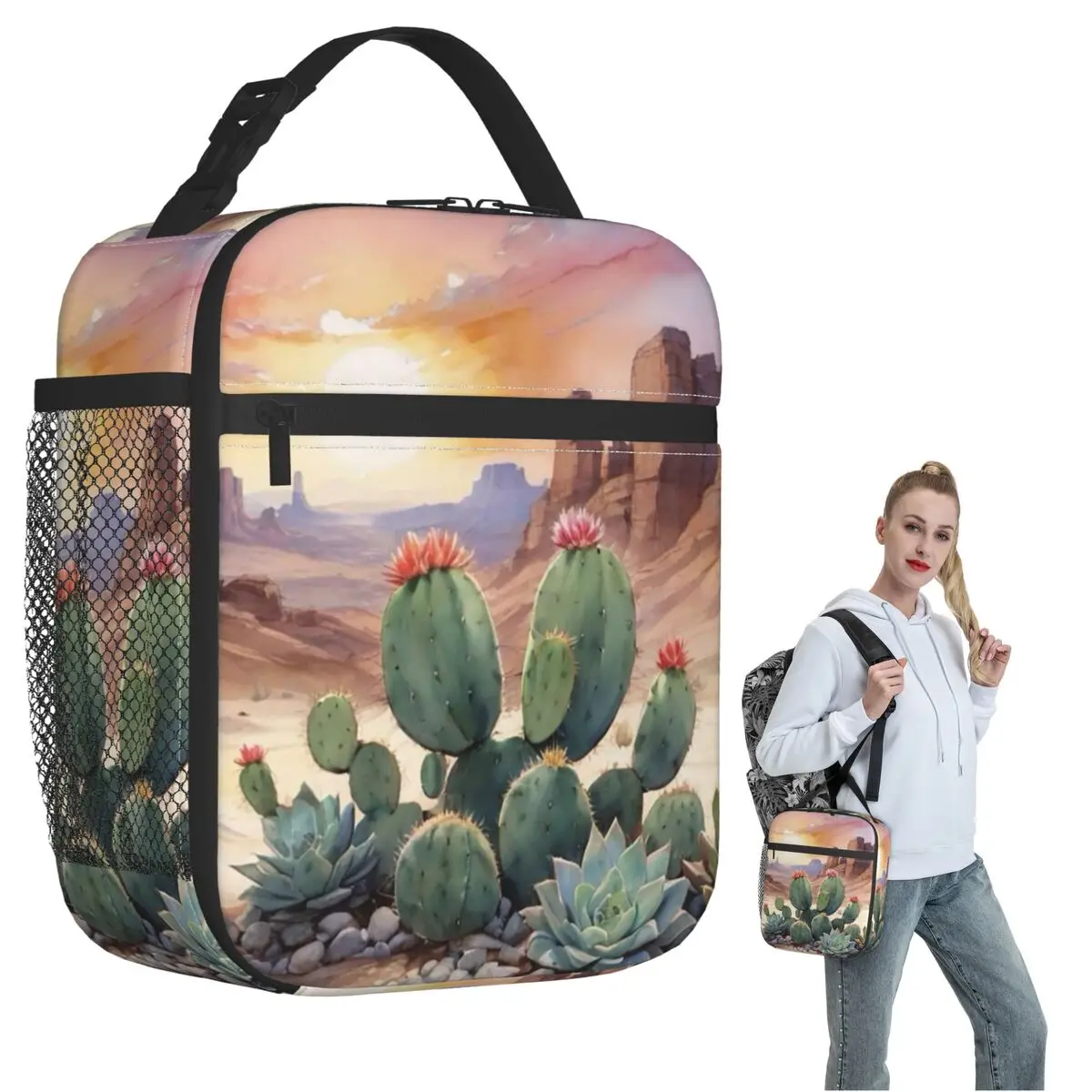 Cactus And Flower Desert Scenery Insulated Lunch Bag for Women Children Portable Food Boxes Thermal Lunch Box Tote