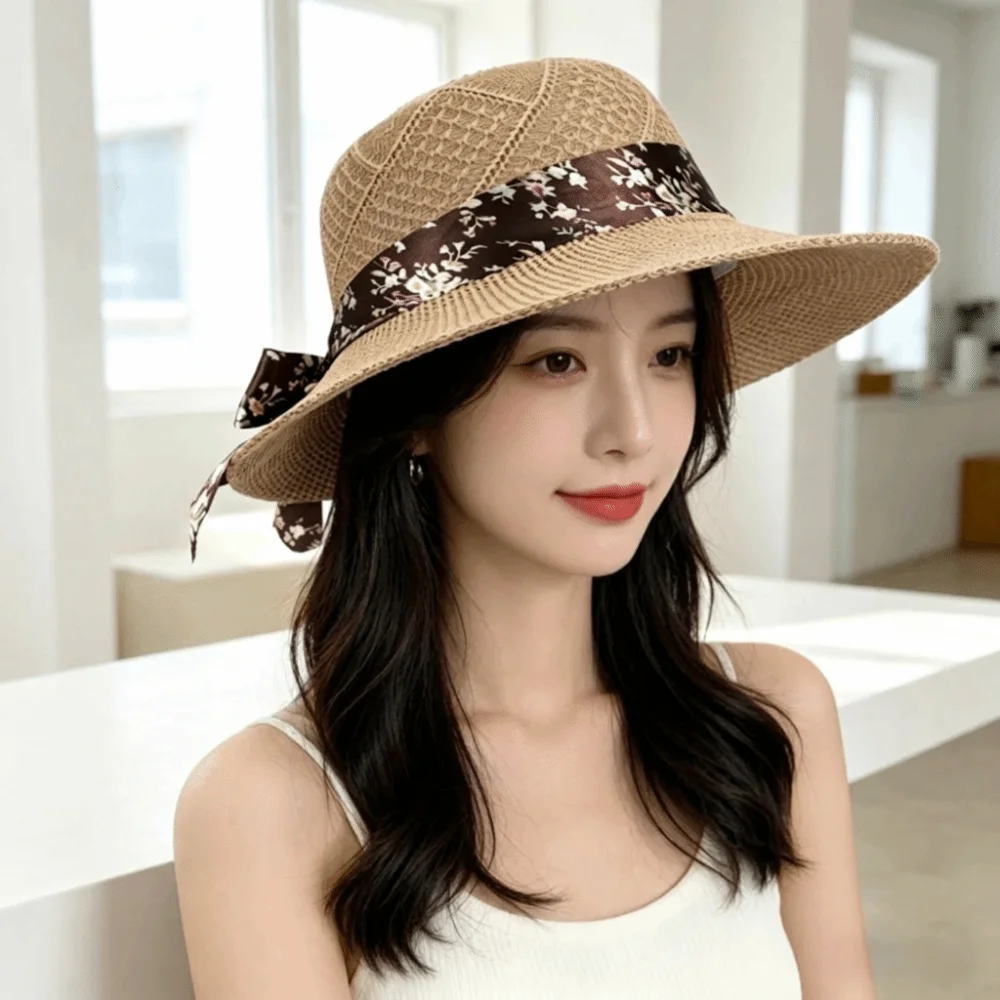 Stylish Wide Brim Fisherman Sun Hat Hollow Woven Breathable UV Protection Hat Lightweight Ribbon Bow Beach Sun Hat Summer Season