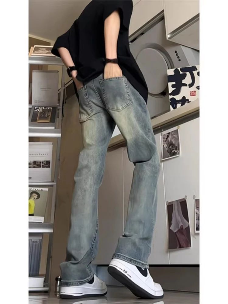 レトロブルースリムフィットメンズジーンズハイウエストロング丈ウォッシュアメリカンスタイルジーンズベルボトムユーストレンドコットンポリエステルブレンド