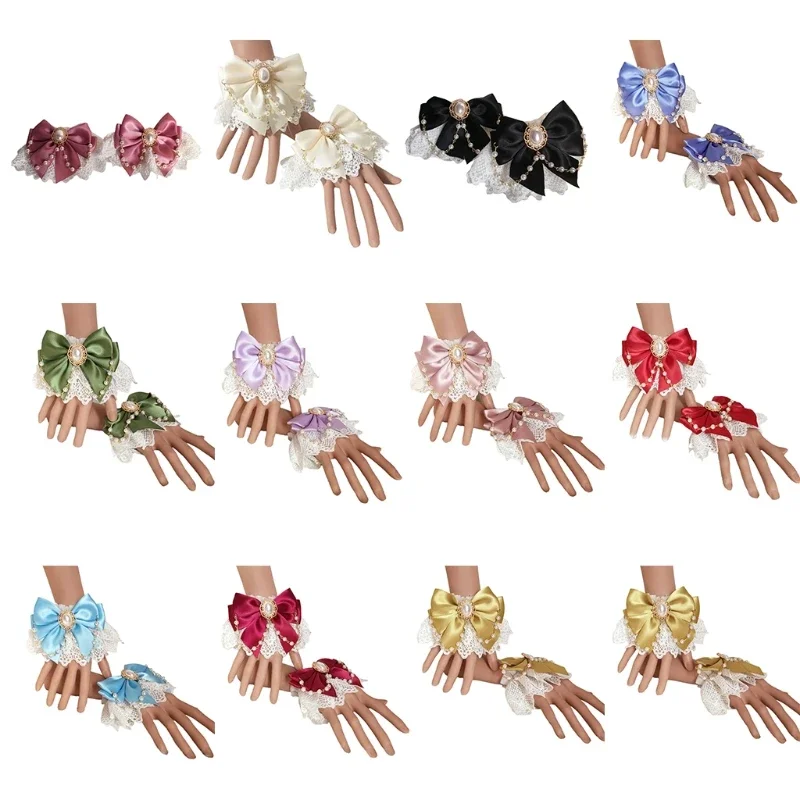 Sweet Hand Wrist Cuffs Double Layer Floral Lace Bow Bracelet Wristband Imitation Pearl Chain Maid Cosplay Sleeves