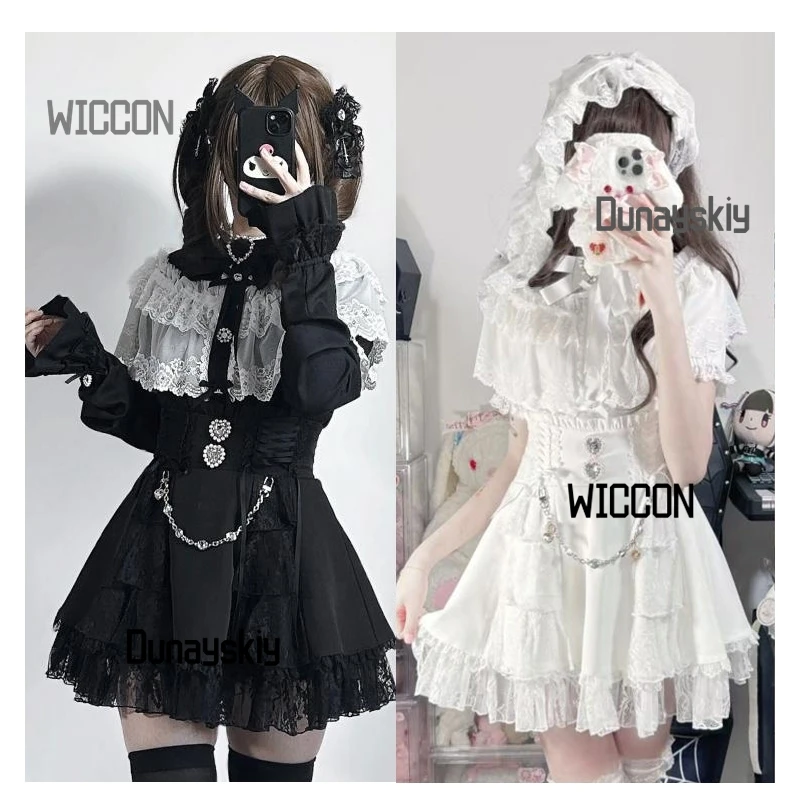 

Mass Production Japanese Lace Cape Sleeveless Shirt Jirai Kei Girls Cosplay Costumes Kawaii Dark Gothic Daily Party Halloween