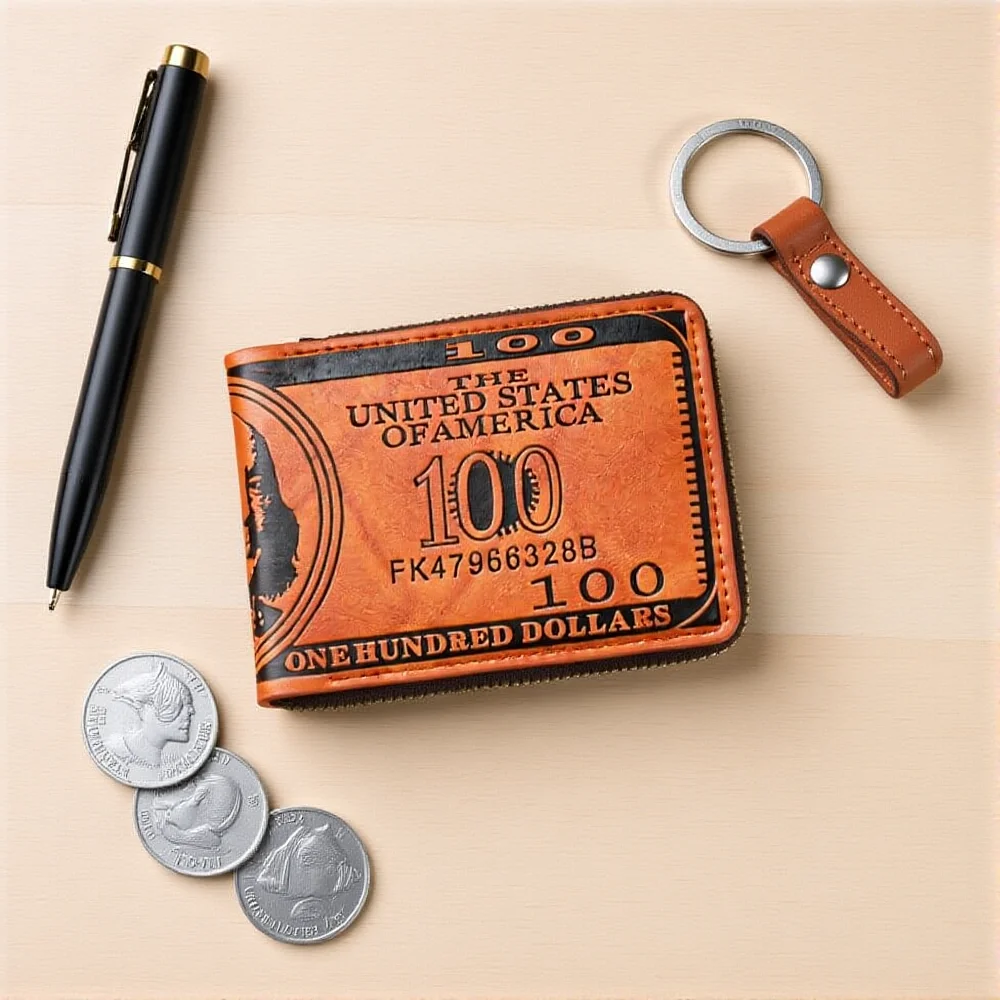 Men's PU Leather Card Holder Wallet with 100 US Dollar Pattern Large Capacity Coin Purse Fashion Card Bag Small Zipper Wallets