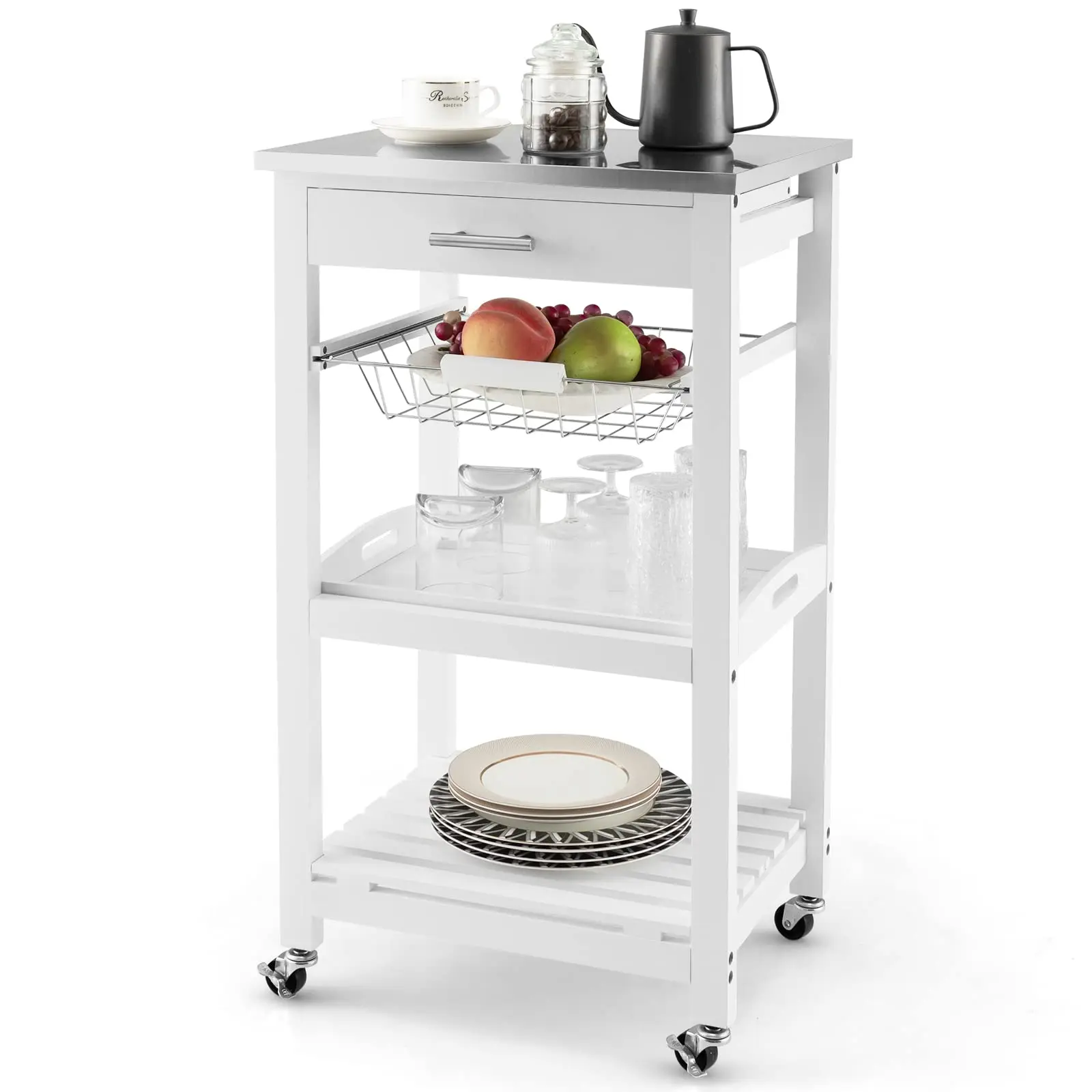 Kitchen Island Cart with Der, Rolling Kitchen Cart on Wheels with Stainl untertop, Metal Basket, Serving Tray, Lockable