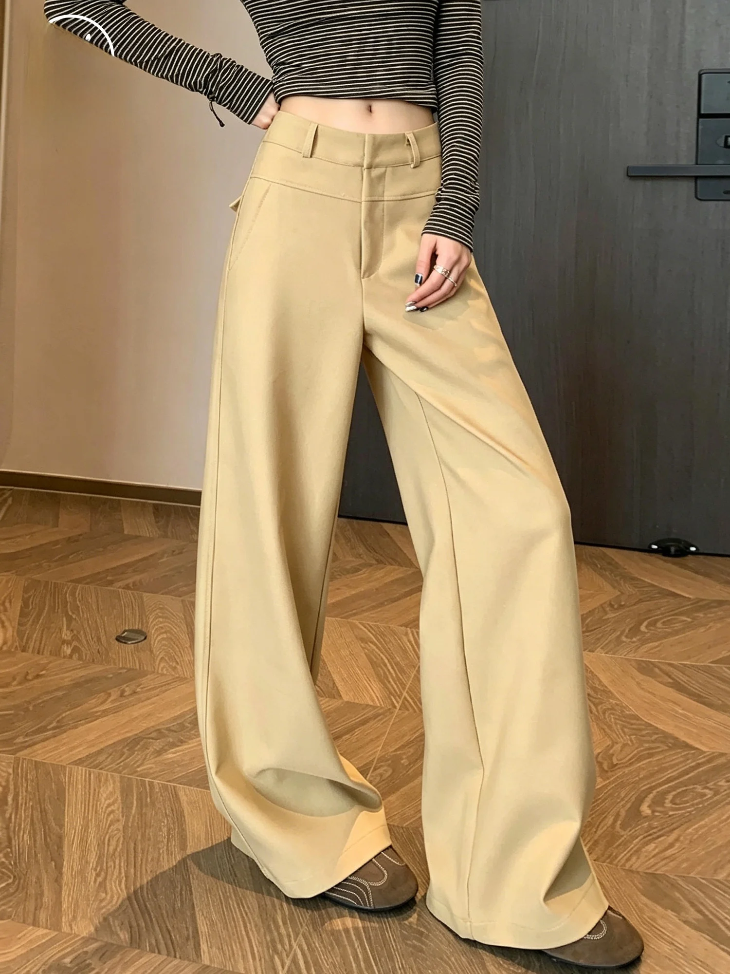 Khaki Wide Leg Pants Women's High Waist Straight Cut Old Money Style Casual Suit Pants Intelligent Sensation Slim Version