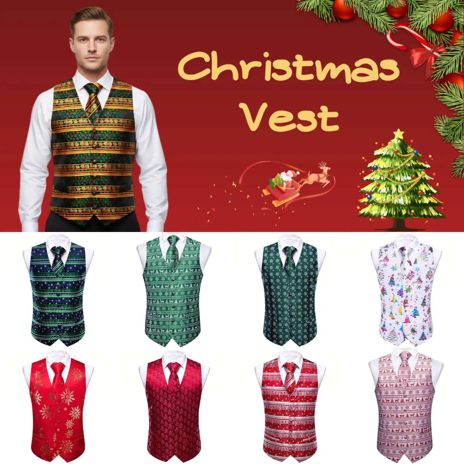 Christmas Colorful Men Vest Tie Pocket Square Cufflinks Set 4 Pieces Xmas Wedding Party Suit Accessories Gifts for Dad Boyfriend