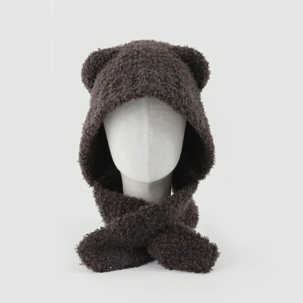

Fashion Warm Bear Ear Hat Velvet Soft Cute Beanies Ear Protection Cartoon Hat Scarf Integrated Outdoor