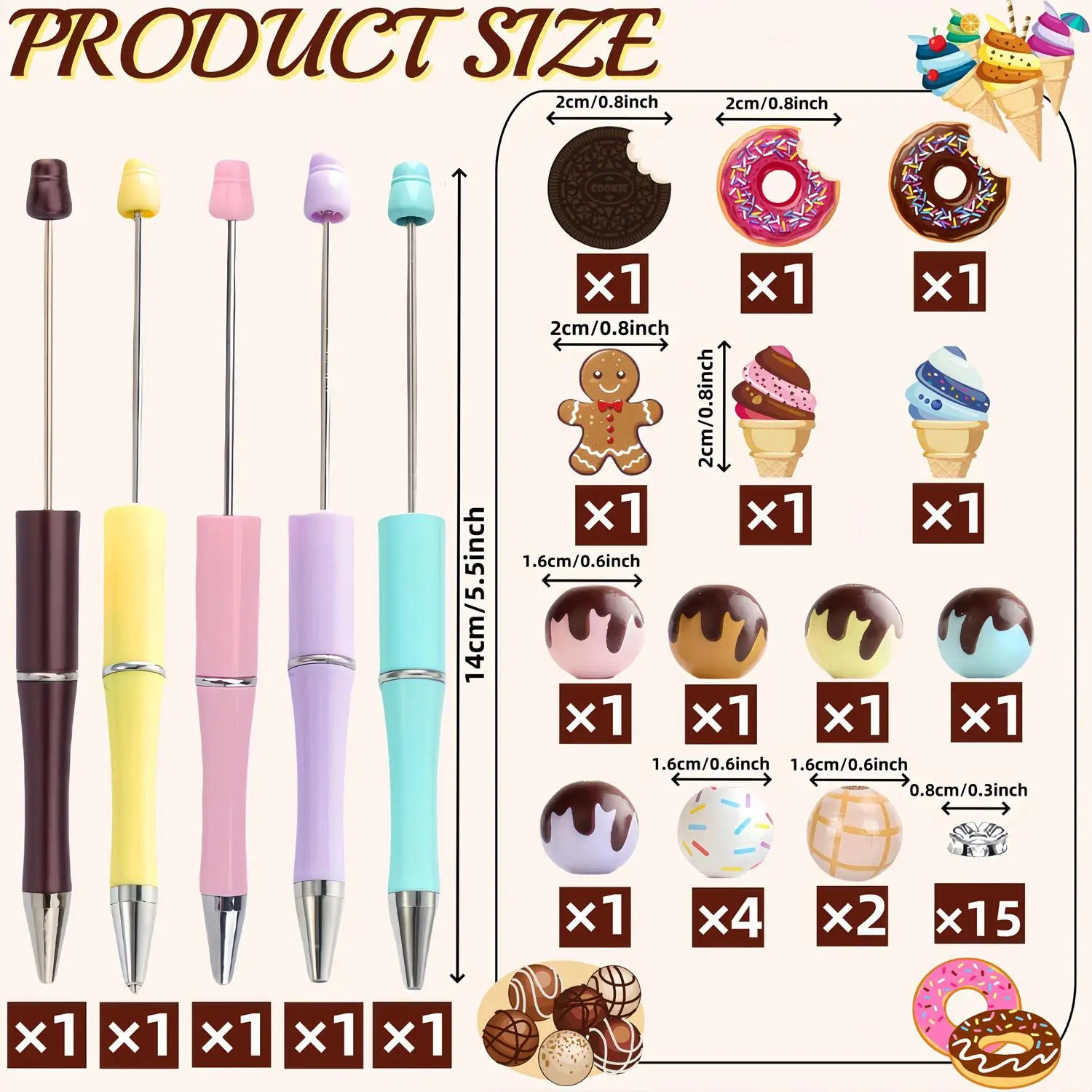 5pcs/set Donut Ice Cream Wooden Bead DIY Bead Pen, Donut Ice Cream DIY Ballpoint Pen Set, for Learning Writing and Office Use