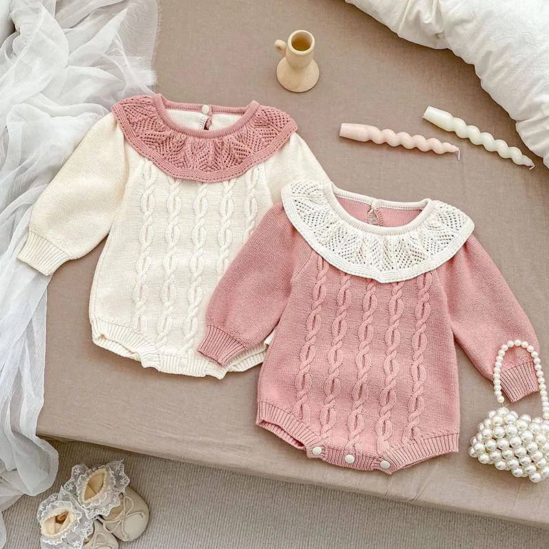 2024 New Autumn Baby Girl Knitted Clothing Toddler Baby Girl Knitted Romper Long Sleeved Splicing Infant Baby Girls Jumpsuit