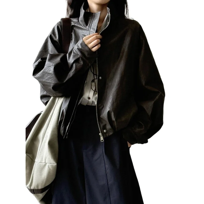 Beishan Tongshu, American Retro PU Leather Jacket Temperament Commuting Jacket Women, Autumn Casual Versatile Kusa Jacket 79786