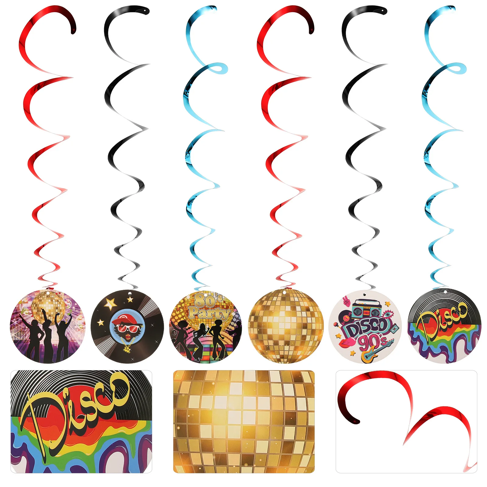 

6pcs Disco Spiral Ornament Hanging Decor 80'S Party Ceiling Swirl Retro Cartoon Record Design Party Decorations Kit Festival