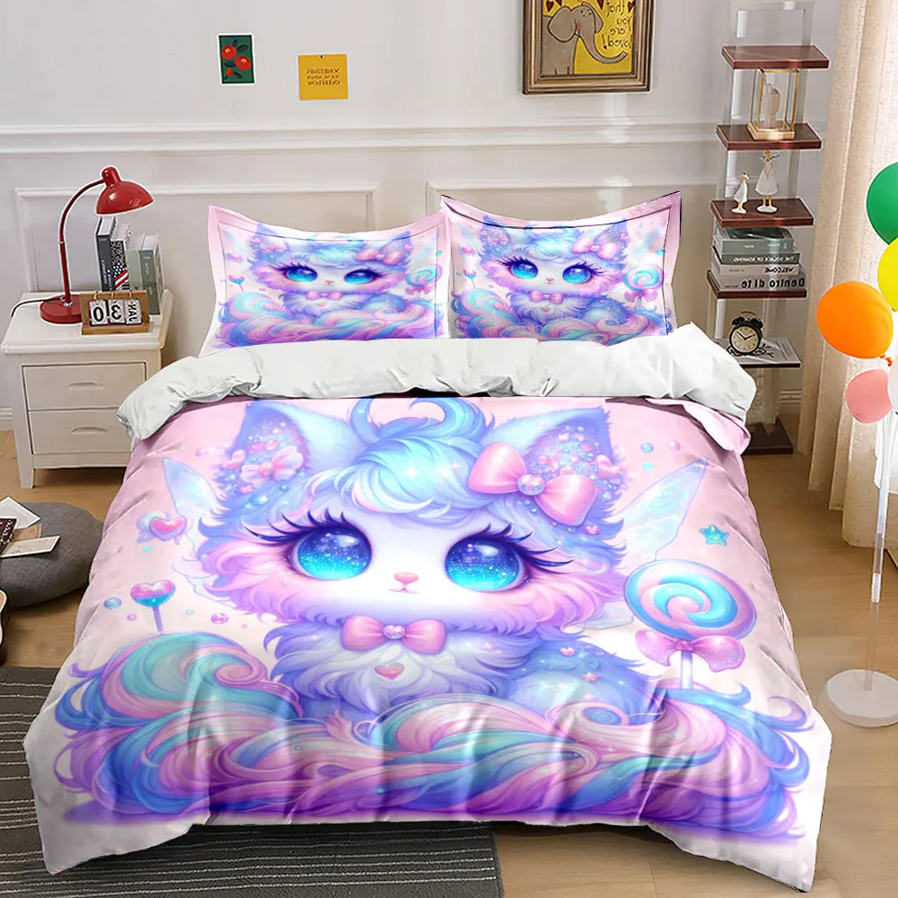 Fantasy candy-colored cat illustration Printed Duvet Cover Set1 Duvet Cover+2 PillowcaseMulti Size Bedroom Bedding Decor