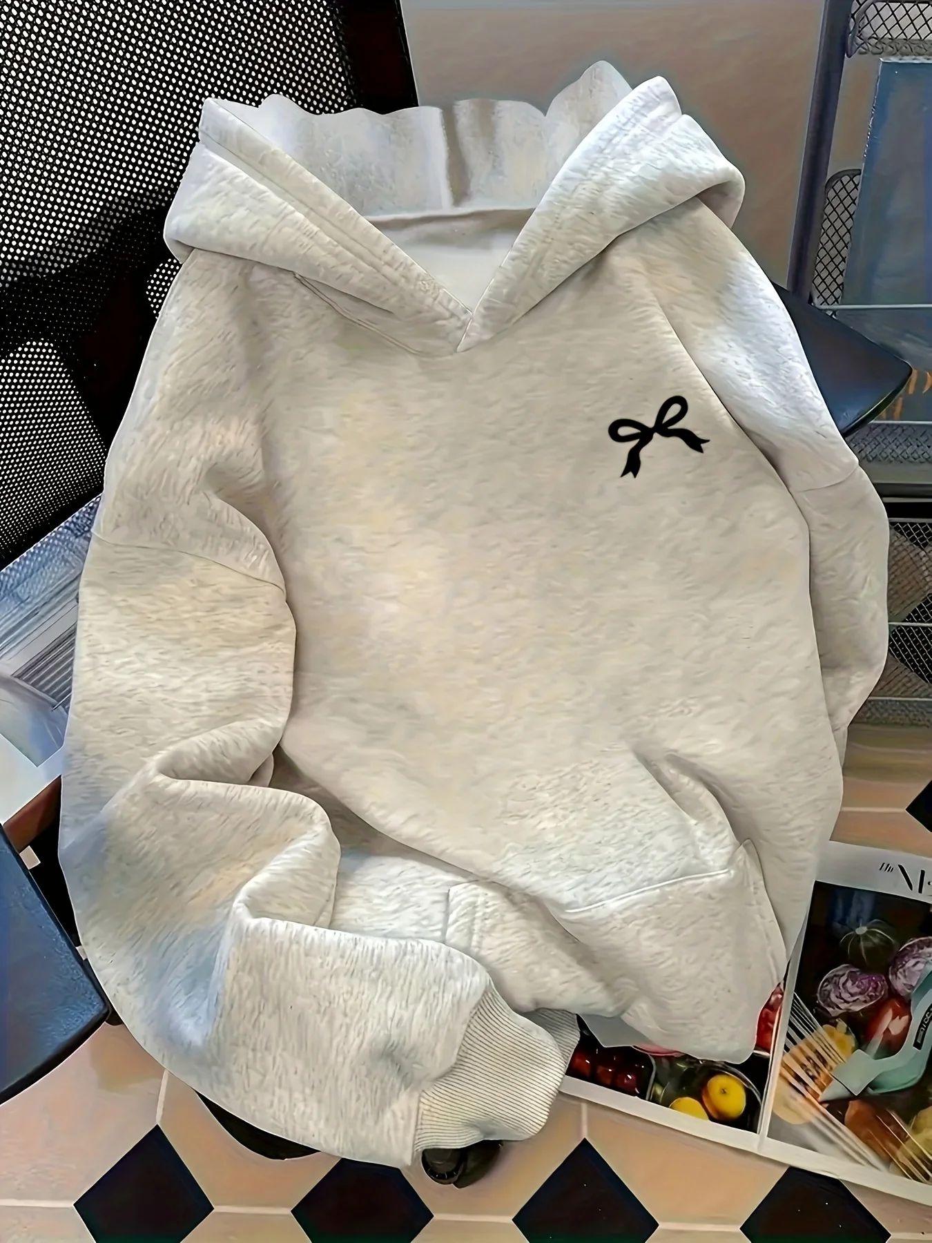 Bow Print Hooded Sweatshirt Women's Comfortable Loose Fit Sweatshirt Casual Spring Autumn Sweatshirt Street Wear Y2k Clothes