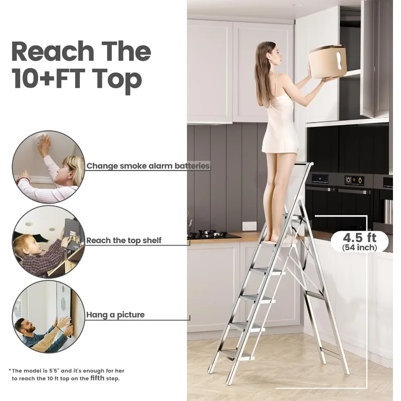 6 Step Ladder, Folding Step Stool with Handgrip and Anti-Slip Wide Pedal, Portable Lightweight Aluminum Stepladder