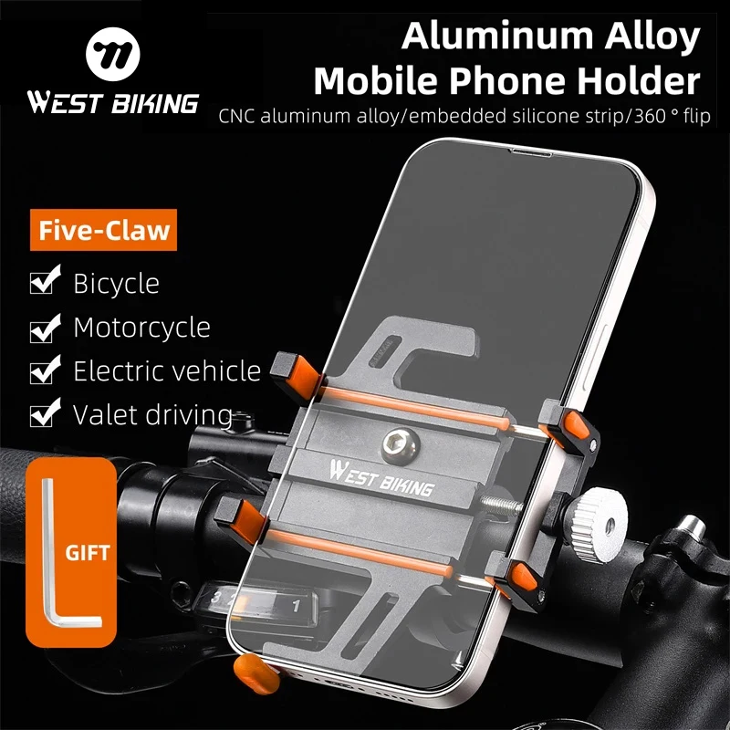 

WEST BIKING Phone Holder Aluminum Alloy Five-claws Bike Phone Holder Widely Adjustable Motorcycle E-Bike Mobile Phone Support