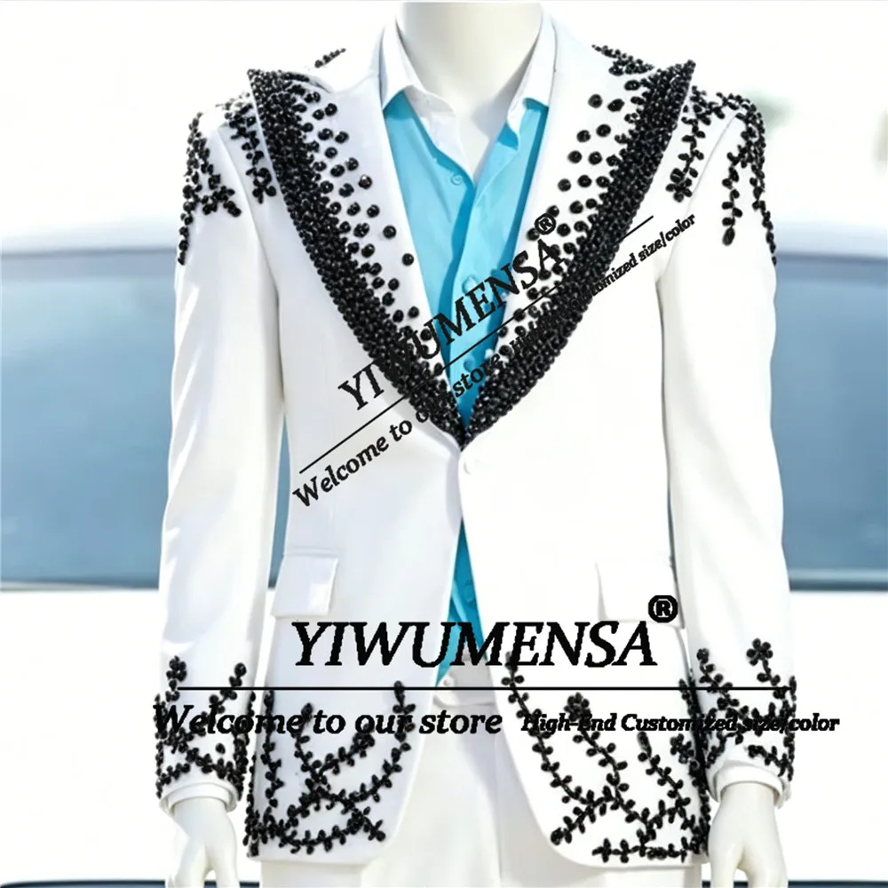 

Male Fashion Pearls Suits Men For Wedding Slim Fit Single Breasted Jacket Pants 2 Piece Sets Groom Tuxedos Customized Outfits