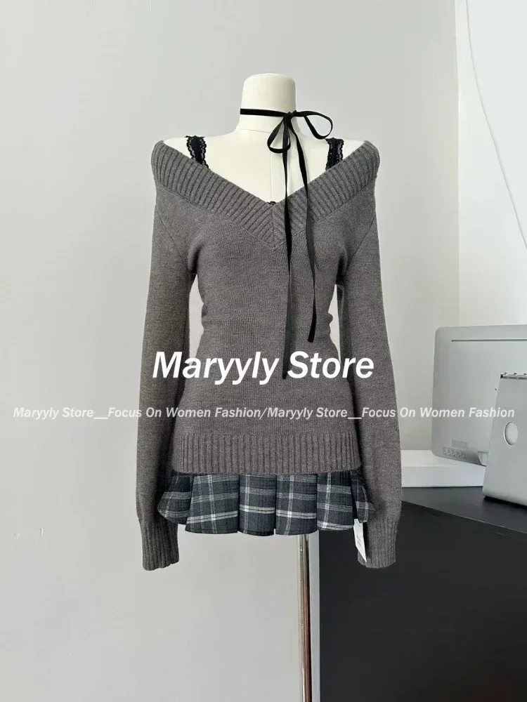 Autumn Winter New Vintage Knitted 3 Piece Set Women Casual Grey Sweater Tops + Hot Girl Lace Vest + Higt Waist Plaid Mini Skirt