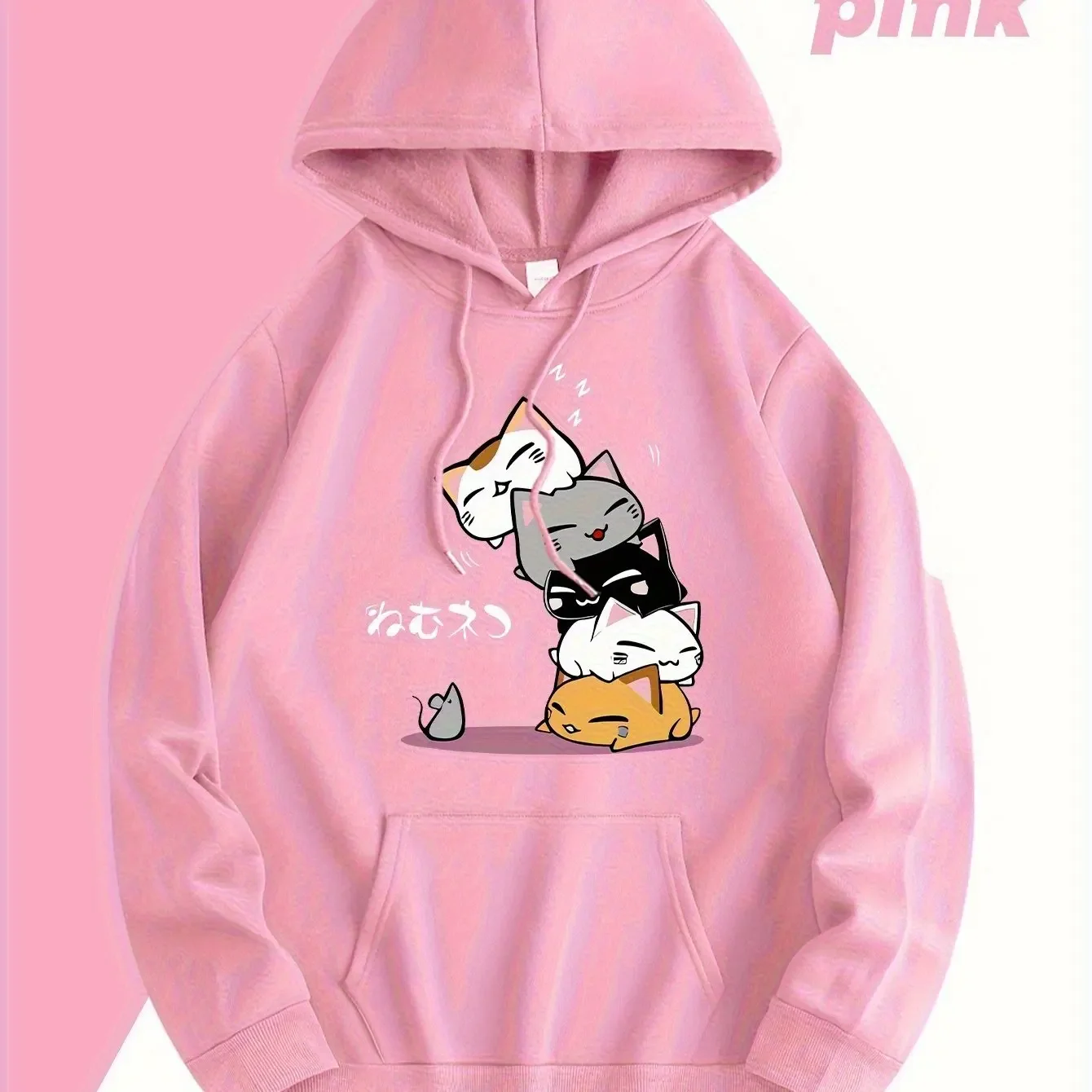 Japanese Kawaii Stacked Sleeping Cats Graphic Hoodie Cute Cartoon Pet With Mouse Front Print Pullover Hooded Sweatshirt Unisex