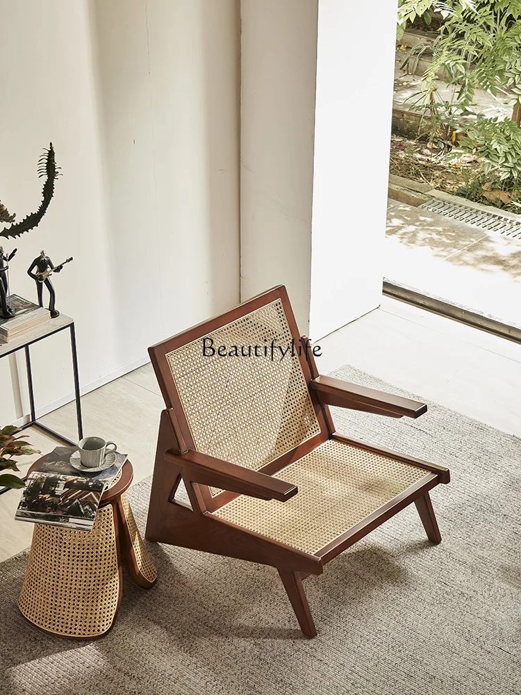 

Solid wood sofa leisure chair rattan chair B & B balcony backrest wabi sandy wind rattan lazy chair