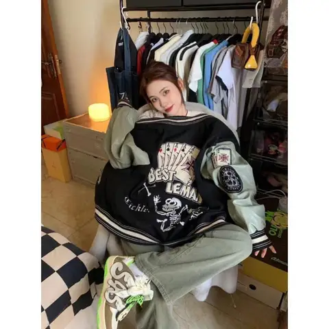 Amerikansk ny retro bokstavsflockningsjacka för kvinnor Y2K-stil, hiphop, lös verktygsjacka för basebolluniform 10 best sales Jacka Fotboll Amerikansk - №2