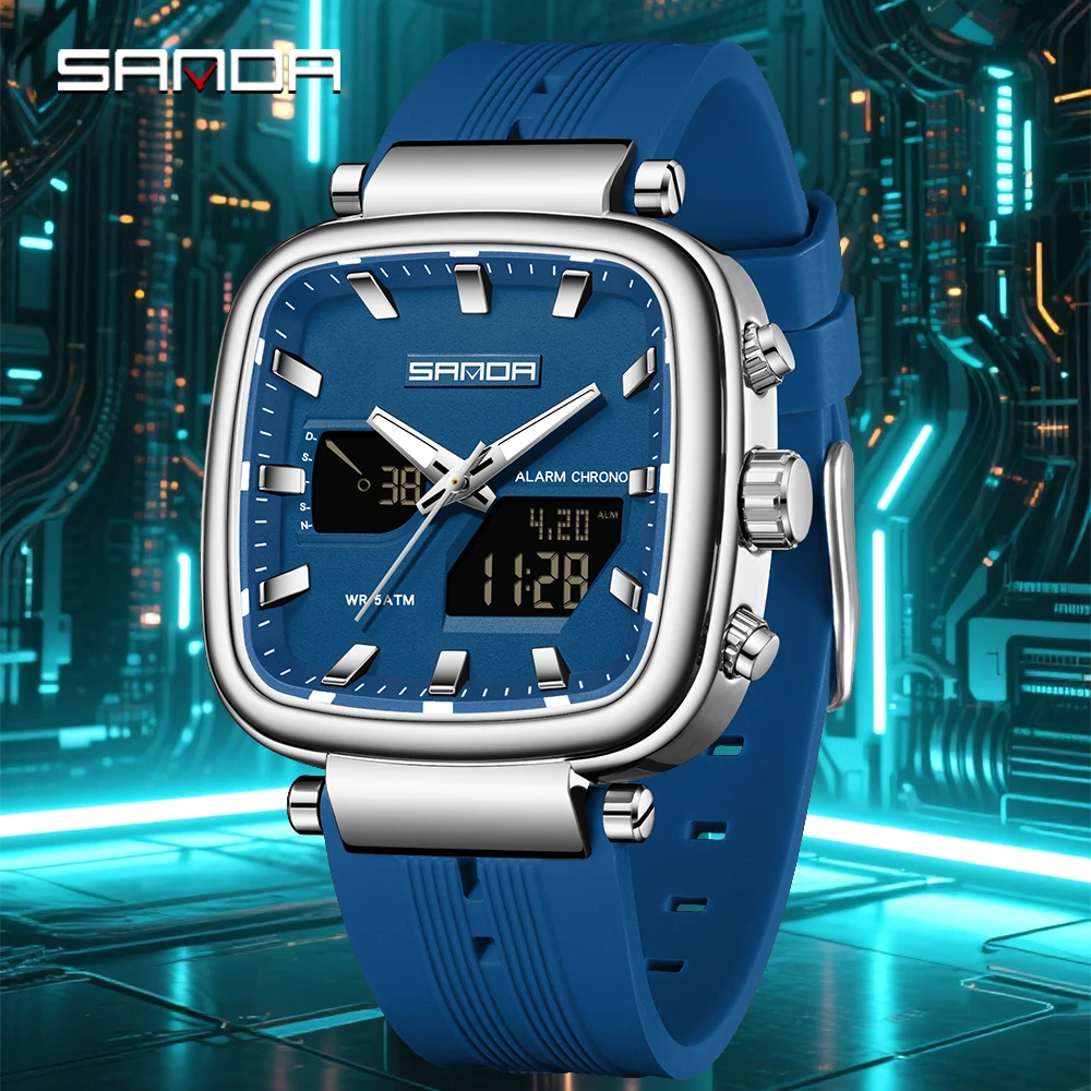 Fashion SANDA New 6282 Luxury Men's Electronic Watch Dual Monitor Sports Waterproof Night Light Men's Electronic Watch