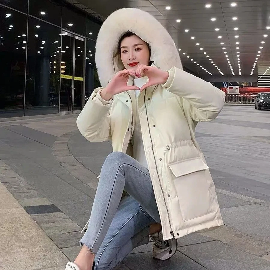 

Winter New Down Cotton Coat Women's Mid length Puffer Large Pocket Parker Coat Slim drawstring thickened hooded fur collar coat