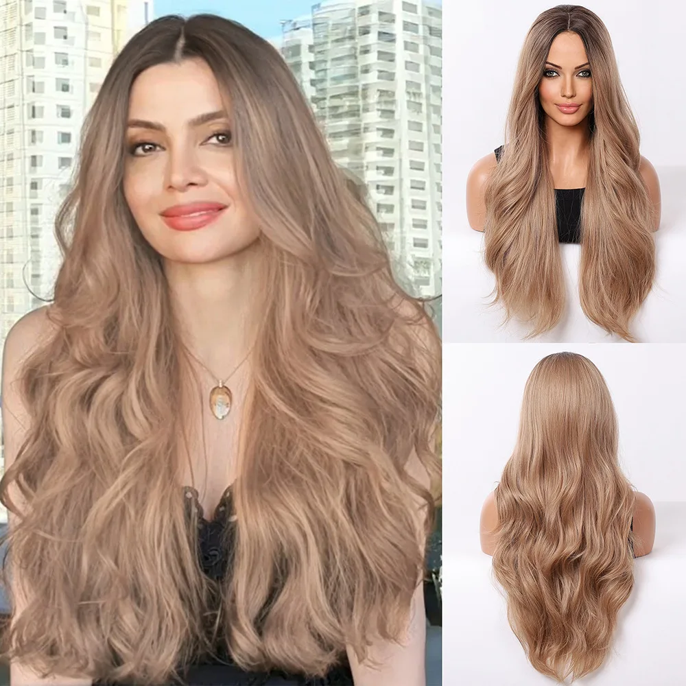 

European and American new women's wig, medium light brown long wavy micro-curl simulation hair cover