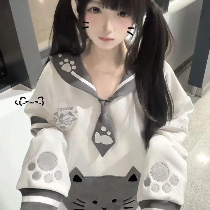 Y2K Japanese Subculture Kawaii Cat Embroidered Hoodies Women's Harajuku Navy Collar Long Sleeve Hoodie Sweet Cute Loose Clothing