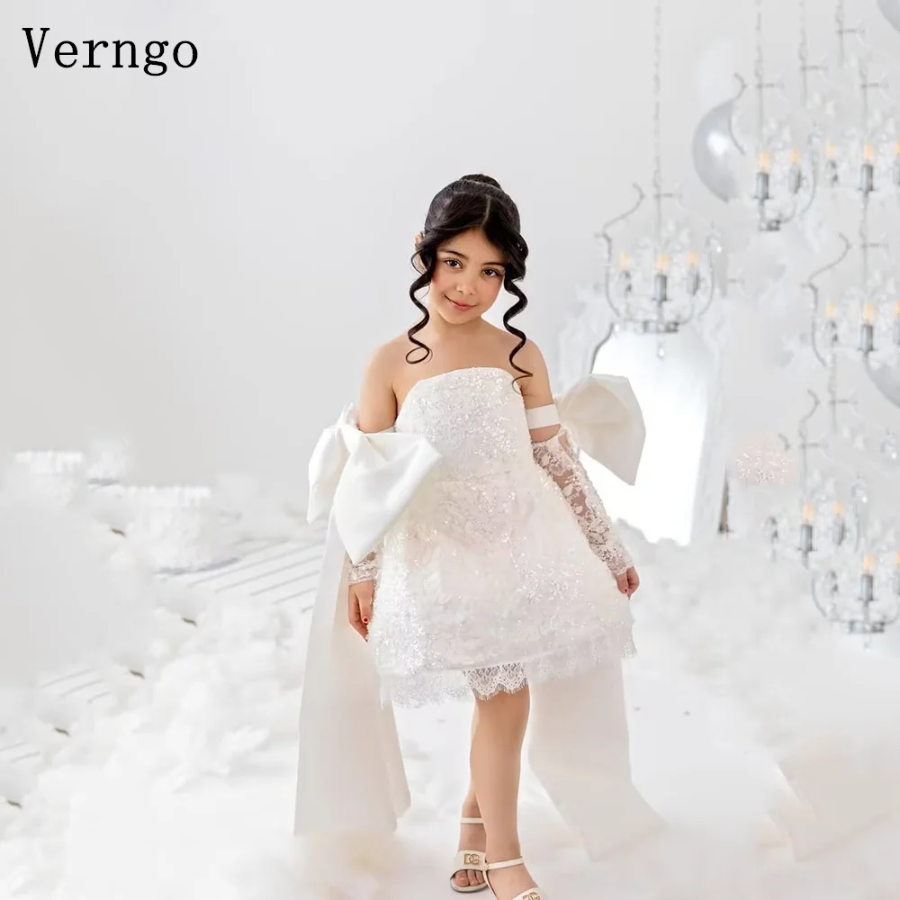 

Verngo Luxury Lace Mini Gil Flowers Strapless A Line Princess Bow Sleeves Formal Dresses Kid Prom Party Gown Customized