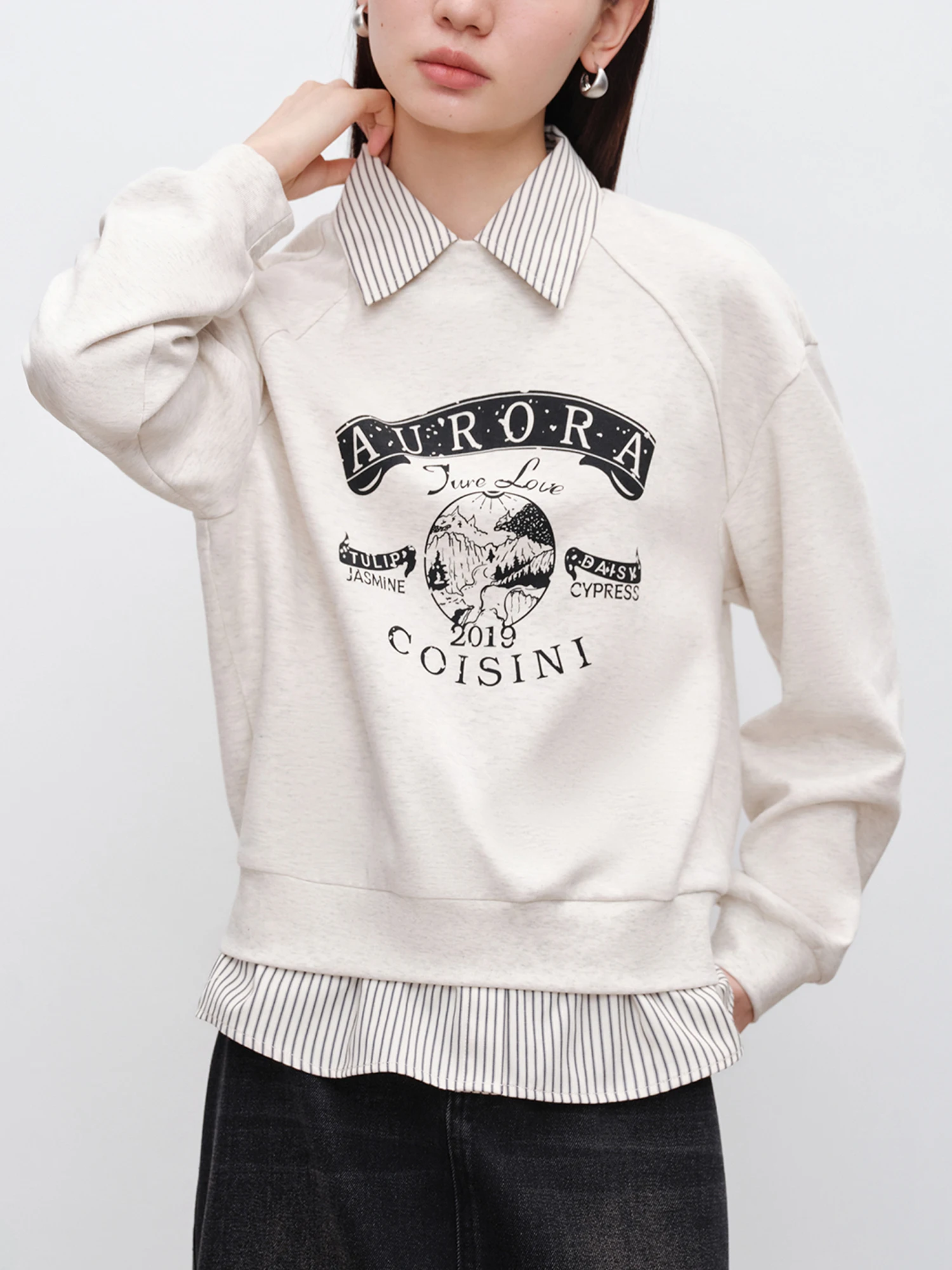 ZIQIAO Women Sweatshirts Fake Two Piece Design Patchwork Female Cotton Letter Raglan Sleeve Sweatshirt Autumn Tops 24ZQ93255