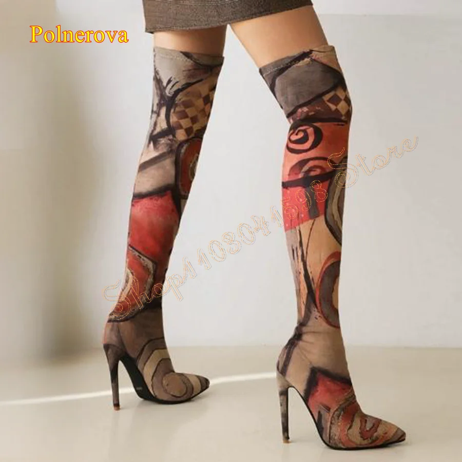 

Fashion Graffiti Over The Knee Boots,Tight Pointed Toe Stretch Boots Stiletto Women Boots Plus Size 2024 New Zapatos Para Mujere