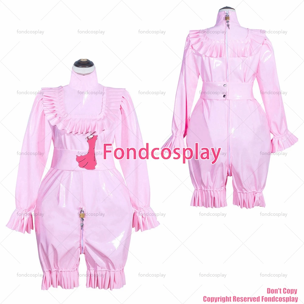 fondcosplay adult sexy cross dressing sissy maid short French Lockable Black thin PVC Romper Jumpsuit Uniform CD/TV[G4010]