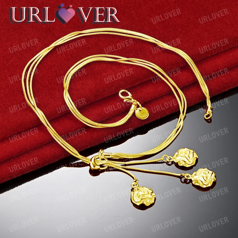 

URLOVER 18K Gold Necklace For Woman Three Flower Pendant Chain Necklaces Lady Fashion Party Wedding Jewelry Cute Birthday Gift