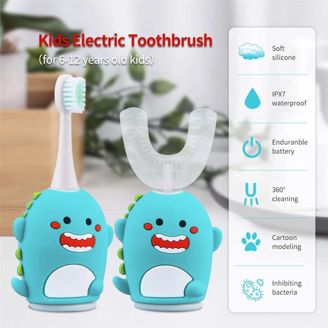 CkeyiN Ultrasonic Electric Toothbrush for Kids U-Shaped Sonic Automatic Teeth Brush Silicone Toothbrush Children Blue Light