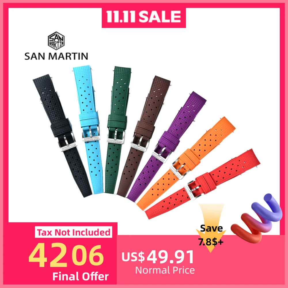 

San Martin Colorful Curved End FKM Rubber Strap 19/20/21mm For SN00144 Tropical Watchband Comfortable To Wear Waterproof Durable